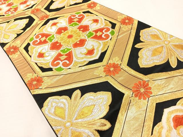 平和屋着物◎六通柄袋帯　唐織　正倉院花文　黒地　金銀糸　正絹　逸品　AAAT6157yx