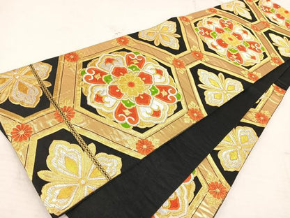 平和屋着物◎六通柄袋帯　唐織　正倉院花文　黒地　金銀糸　正絹　逸品　AAAT6157yx