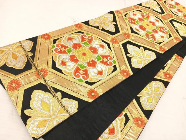 平和屋着物◎六通柄袋帯　唐織　正倉院花文　黒地　金銀糸　正絹　逸品　AAAT6157yx