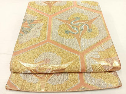 平和屋着物◎六通柄袋帯 向かい鶴文 金銀糸 正絹 逸品 AAAT6171yx