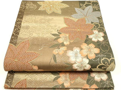 平和屋本店●六通柄袋帯 花楽器文 枝垂れ桜 楓 琴 金糸 正絹 逸品 AAAT6551ay