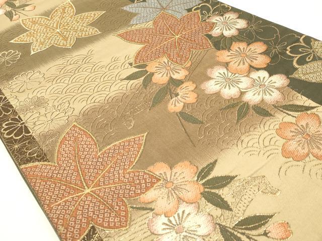 平和屋本店●六通柄袋帯 花楽器文 枝垂れ桜 楓 琴 金糸 正絹 逸品 AAAT6551ay