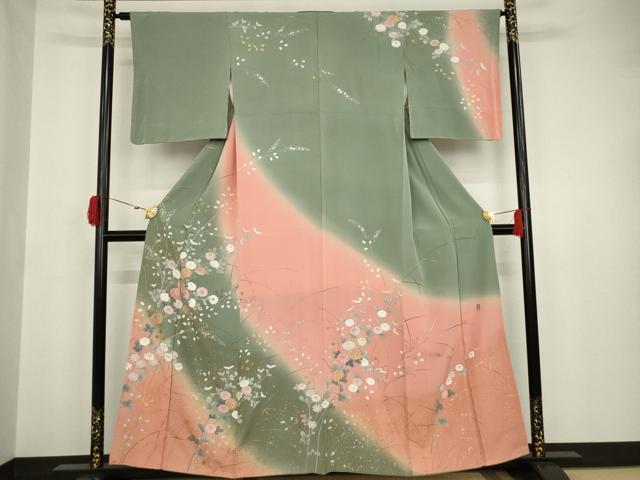 平和屋着物●訪問着 作家物 草花文 暈し染 金銀彩 正絹 逸品 AAAT6601ck