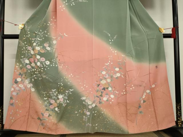 平和屋着物●訪問着 作家物 草花文 暈し染 金銀彩 正絹 逸品 AAAT6601ck