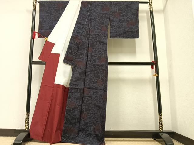 結城紬 正絹 広幅襟 花柄亀甲文 昭和初期 アンティーク 平和屋着物□結城紬 80亀甲 草花文 正絹 逸品 未使用 AAAT7247ph