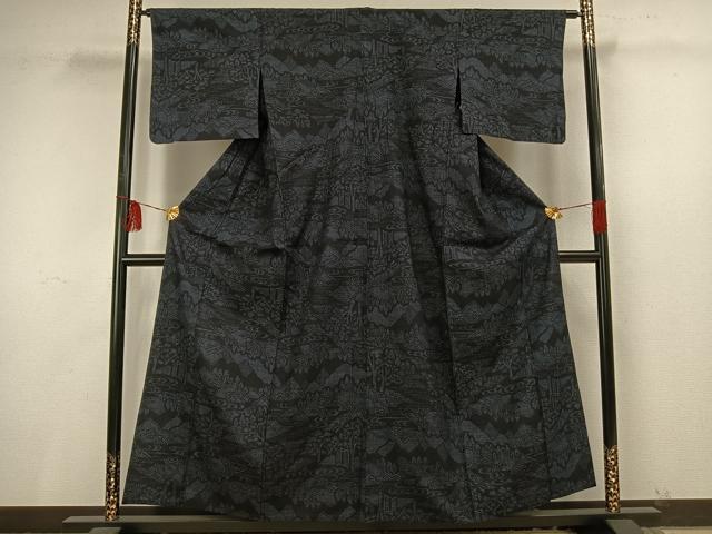 平和屋着物▽本場結城紬 重要無形文化財 単衣 100亀甲 風景文 正絹 逸品 AAAT7441fy