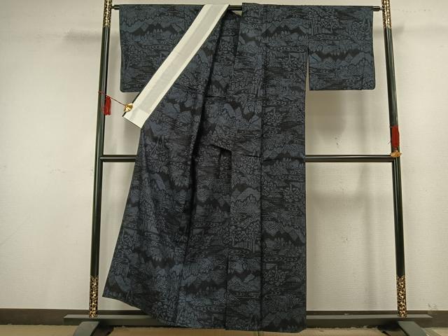 平和屋着物▽本場結城紬 重要無形文化財 単衣 100亀甲 風景文 正絹 逸品 AAAT7441fy
