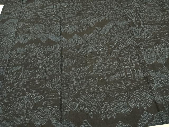 平和屋着物▽本場結城紬 重要無形文化財 単衣 100亀甲 風景文 正絹 逸品 AAAT7441fy