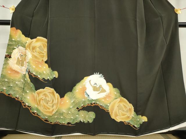 平和屋着物■豪華黒留袖　駒刺繍　双鶴松文　金彩　正絹　逸品　AAAT7659ma