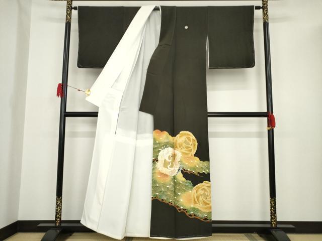 平和屋着物■豪華黒留袖　駒刺繍　双鶴松文　金彩　正絹　逸品　AAAT7659ma