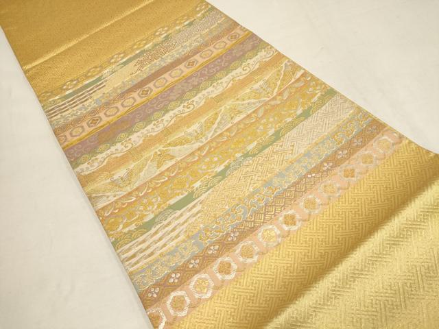 平和屋着物▼太鼓柄袋帯　横段花蝶唐草文　金銀糸　正絹　逸品　AAAT8735wj