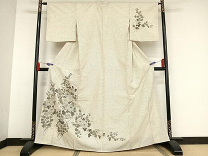 平和屋着物●訪問着　中国三大刺繍　相良刺繍　紬地　手描き　草花文　正絹　逸品　AAAT9403np