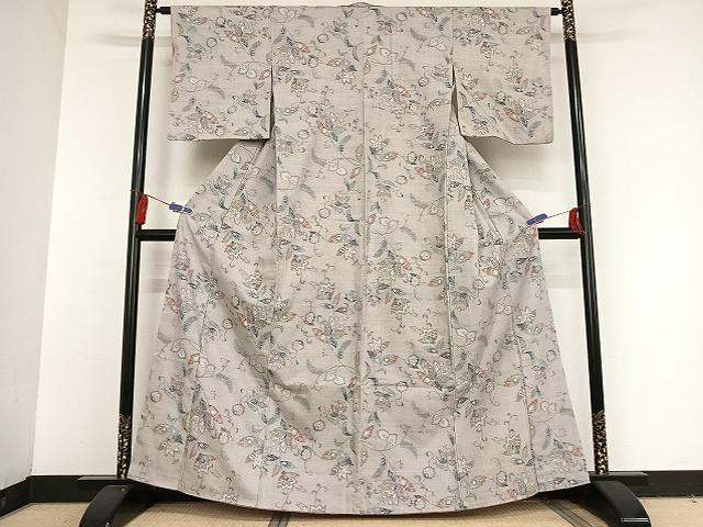 平和屋着物●本場小千谷紬　更紗花文　正絹　逸品　AAAT9405np