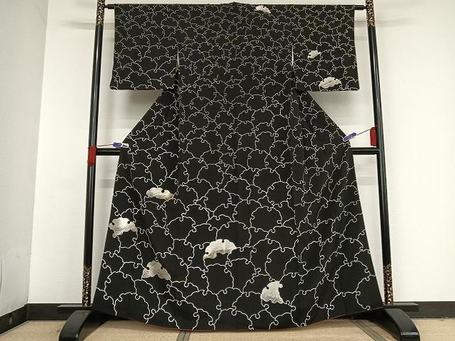 平和屋着物●訪問着 刺繍 雪輪 黒地 金銀糸 正絹 逸品 AAAT9409np
