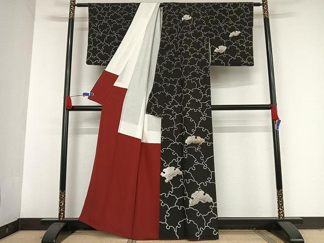 平和屋着物●訪問着 刺繍 雪輪 黒地 金銀糸 正絹 逸品 AAAT9409np