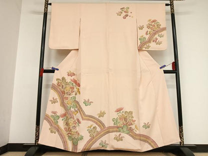 平和屋着物●摺型友禅 訪問着 駒刺繍 草花文 金彩 正絹 逸品 AAAT9477np