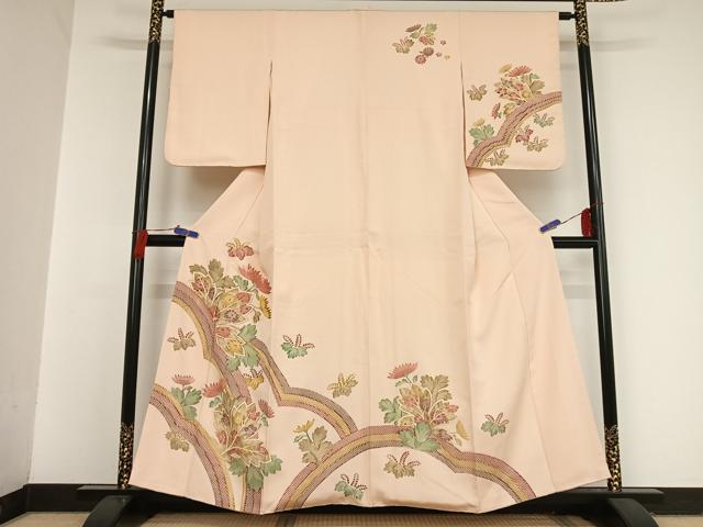 平和屋着物●摺型友禅 訪問着 駒刺繍 草花文 金彩 正絹 逸品 AAAT9477np