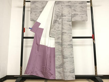 平和屋着物●本場大島紬 白大島 ７マルキ 風景船文 正絹 逸品 AAAT9516np