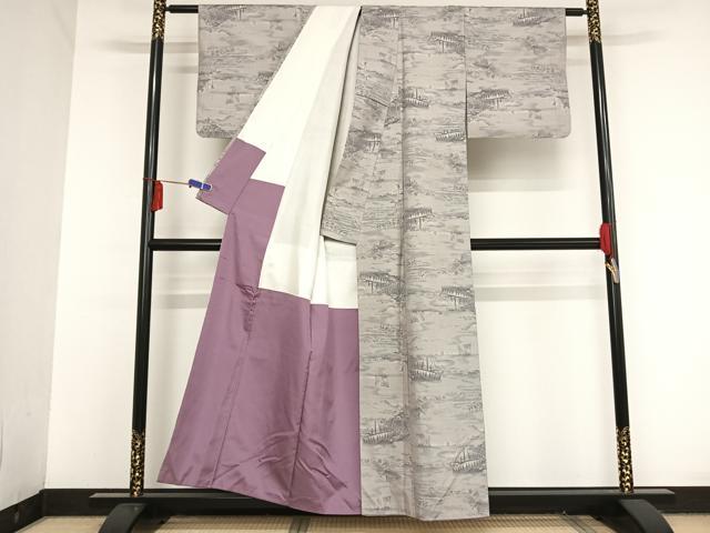 平和屋着物●本場大島紬 白大島 ７マルキ 風景船文 正絹 逸品 AAAT9516np