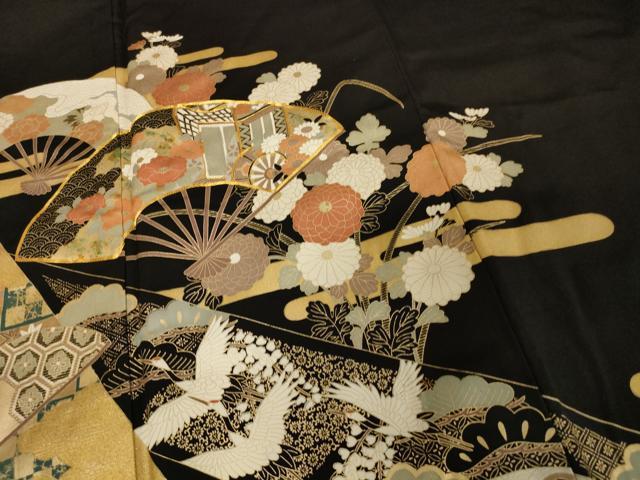 N355.678y360アンティーク 付下げ 金彩 金狛刺繍 花扇文様 正絹 アンティーク 付下げ 金彩 金狛刺繍 花扇文様 正絹 1つ紋 バ