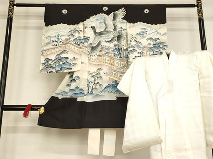平和屋着物[]七五三　男の子　祝着・長襦袢セット　駒刺繍　風景鷹文　銀彩　逸品　AAAT9961ja