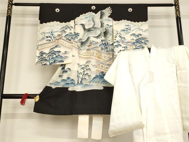 平和屋着物[]七五三　男の子　祝着・長襦袢セット　駒刺繍　風景鷹文　銀彩　逸品　AAAT9961ja