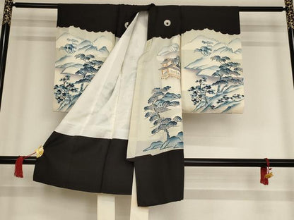 平和屋着物[]七五三　男の子　祝着・長襦袢セット　駒刺繍　風景鷹文　銀彩　逸品　AAAT9961ja