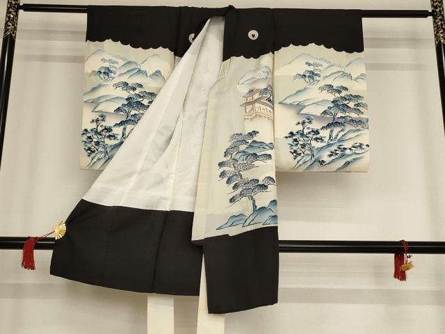 平和屋着物[]七五三　男の子　祝着・長襦袢セット　駒刺繍　風景鷹文　銀彩　逸品　AAAT9961ja