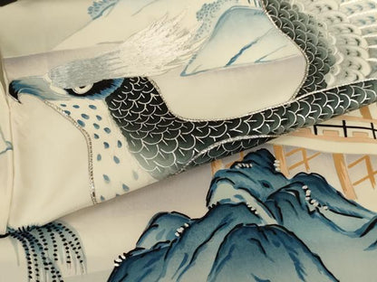 平和屋着物[]七五三　男の子　祝着・長襦袢セット　駒刺繍　風景鷹文　銀彩　逸品　AAAT9961ja