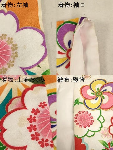平和屋着物[]七五三　女の子　３歳　祝着　三つ身　長襦袢・被布セット　草花文　金彩　洗える着物　AAAT9980ja
