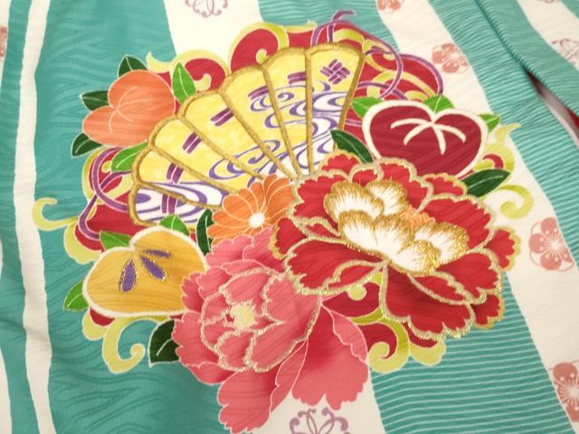 平和屋着物[]お宮参り　女の子　祝着　刺繍　檜扇花丸文　金糸　洗える着物　AAAT9984ja