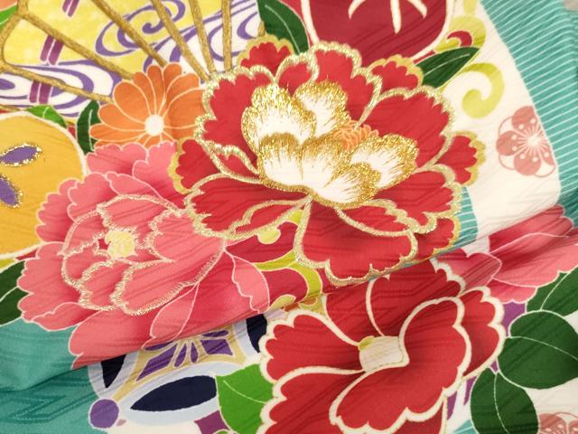 平和屋着物[]お宮参り　女の子　祝着　刺繍　檜扇花丸文　金糸　洗える着物　AAAT9984ja
