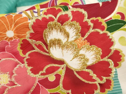 平和屋着物[]お宮参り　女の子　祝着　刺繍　檜扇花丸文　金糸　洗える着物　AAAT9984ja