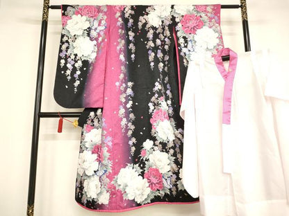 平和屋着物∵女の子 十三参り 子供 祝着・長襦袢セット 舞蝶牡丹文 暈し染め 黒地 銀彩 洗える着物 AAAT9989ja