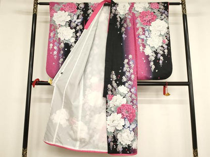 平和屋着物∵女の子 十三参り 子供 祝着・長襦袢セット 舞蝶牡丹文 暈し染め 黒地 銀彩 洗える着物 AAAT9989ja