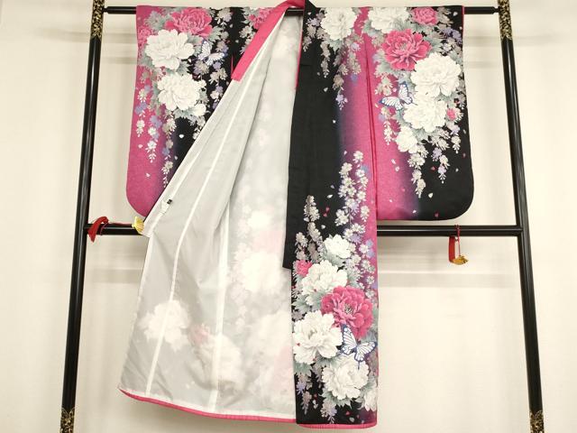 平和屋着物∵女の子 十三参り 子供 祝着・長襦袢セット 舞蝶牡丹文 暈し染め 黒地 銀彩 洗える着物 AAAT9989ja