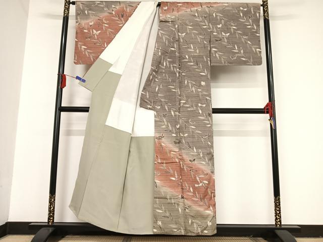平和屋着物●訪問着 紬地 駒刺繍 舞蝶笹文 金糸 金彩 正絹 逸品 AAAU0028np