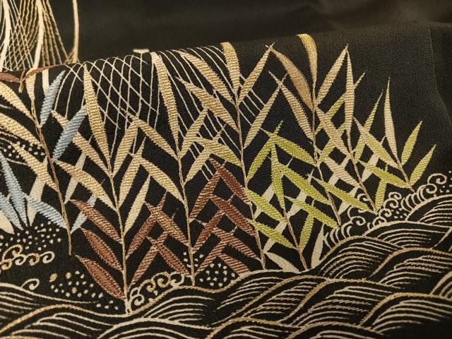 野口彦太郎　大彦　色留袖　三つ紋　刺繍　金糸　風景　花模様　着物　114a d 平和屋着物○野口真造 大彦二代目 江戸染繍友 黒