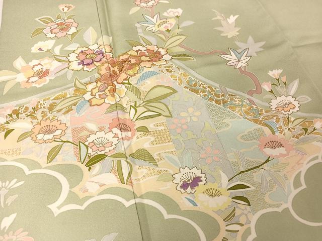 平和屋着物●創業460年・千總 訪問着 刺繍 雲取り草花文 金糸 金彩 正絹 逸品 AAAU0069np