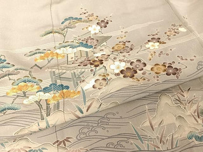 平和屋着物●創業460年・千總　色留袖　駒刺繍　風景梅松文　金糸　金彩　正絹　逸品　AAAU0070np