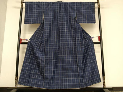 平和屋着物●上質な紬 刺し子 格子 正絹 逸品 AAAU0085np