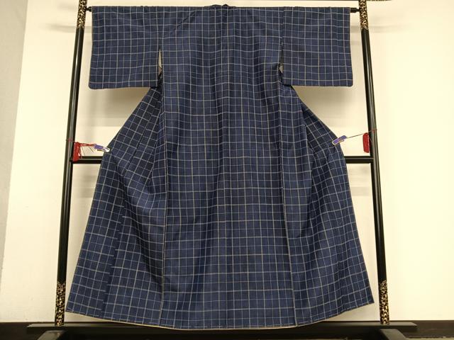 平和屋着物●上質な紬 刺し子 格子 正絹 逸品 AAAU0085np