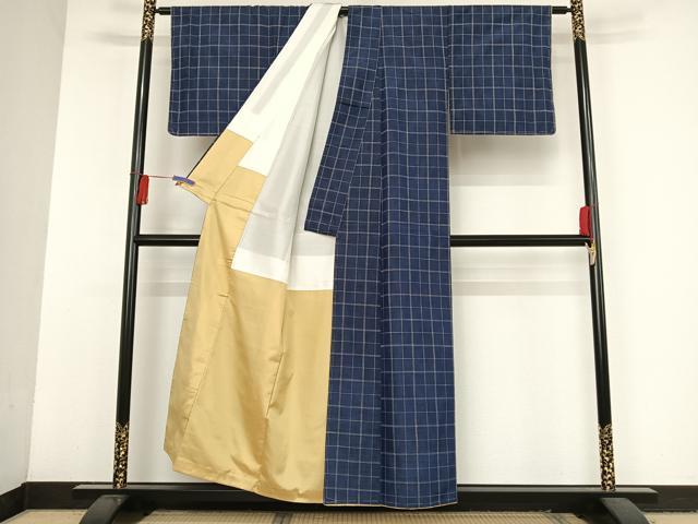 平和屋着物●上質な紬 刺し子 格子 正絹 逸品 AAAU0085np