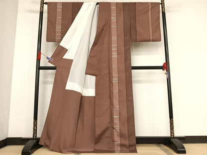 平和屋着物●訪問着　紬地　縞　正絹　逸品　AAAU0087np