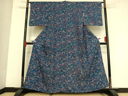 平和屋着物●上質な小紋 紬地 型染め 飛鳥笹文 正絹 逸品 AAAU0093np