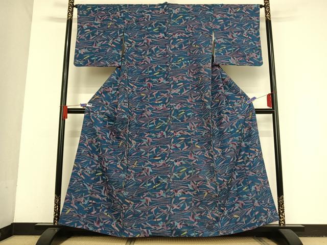 平和屋着物●上質な小紋 紬地 型染め 飛鳥笹文 正絹 逸品 AAAU0093np