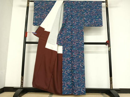 平和屋着物●上質な小紋 紬地 型染め 飛鳥笹文 正絹 逸品 AAAU0093np