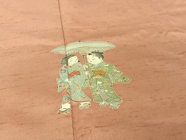 平和屋着物●色留訪問着　友禅　紬地　童子　正絹　逸品　AAAU0107np