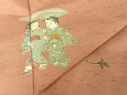 平和屋着物●色留訪問着　友禅　紬地　童子　正絹　逸品　AAAU0107np