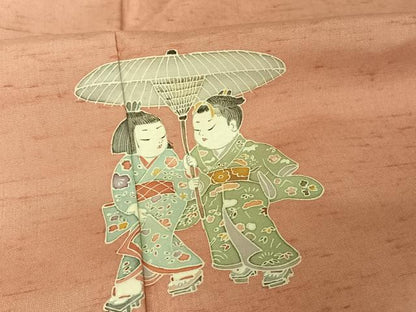 平和屋着物●色留訪問着　友禅　紬地　童子　正絹　逸品　AAAU0107np